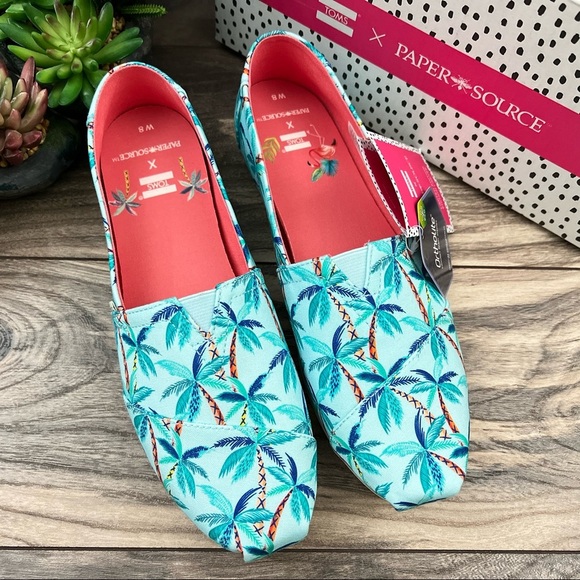 NIB Toms Alpargata Loafer Flats Soft Blue Paper Source Palm Trees Print 8 - Picture 2 of 11
